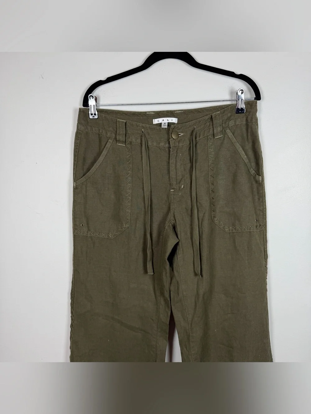 Cabi Olive Green 100% Linen Wide Leg Whipstitch 882 Trouser Pants Lagenlook Sz 8